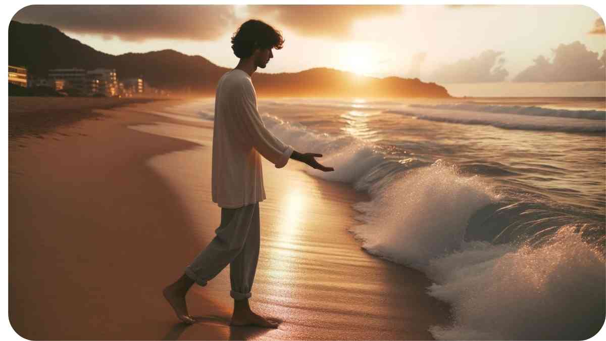 Photo of a beach during sunset. A person of Hispanic descent walks along the shoreline, feeling the wet sand beneath their feet and listening to the rhythmic waves. They practice mindfulness by being fully present in the moment, taking in the beauty of nature.