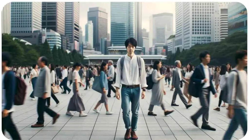 Photo of a bustling urban park with diverse people going about their day. Amidst the crowd, a person of East Asian descent stands out, walking slowly and deliberately, practicing mindful walking. Their focused expression contrasts with the hurried pace of the city around them.