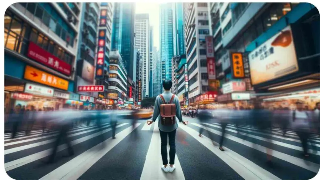 Photo of a bustling urban street with skyscrapers and city noise. Amidst the rush, a person of East Asian descent practices mindfulness while walking, taking in every detail of the environment, from the colors to the sounds, finding calm in the chaos.