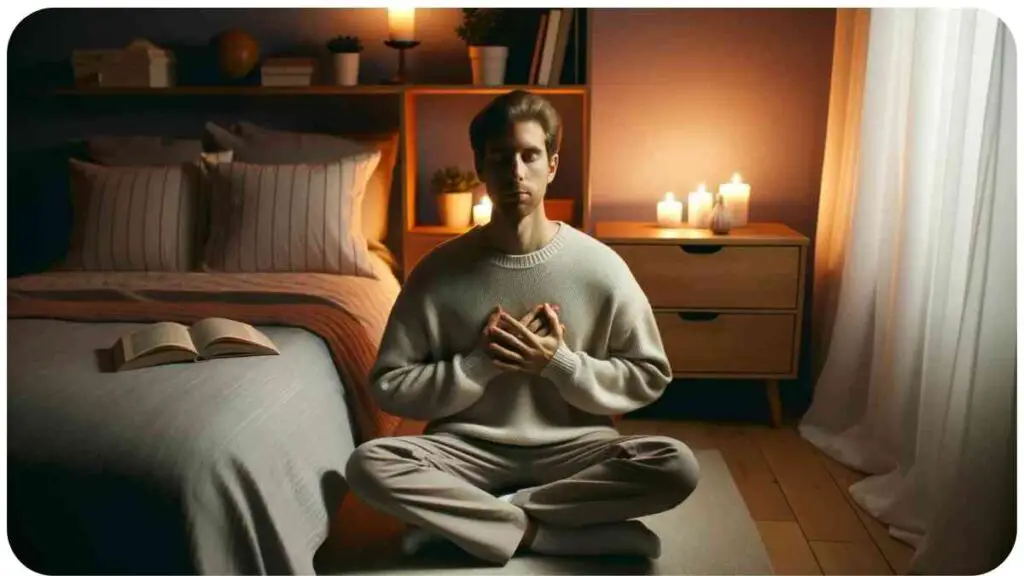 Photo of a calming bedroom scene during twilight. A person of European descent is sitting on the edge of the bed practicing deep breathing exercises with closed eyes. Soft candlelight illuminates