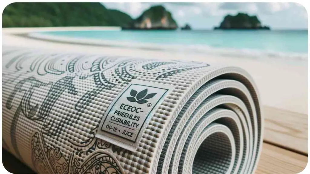 Photo of a close-up view of a yoga mat's intricate patterns and cushioning. A label on the side indicates its eco-friendliness and durability. In the background, there's a serene beach setting, symbolizing the tranquility that a good mat can offer during practice.