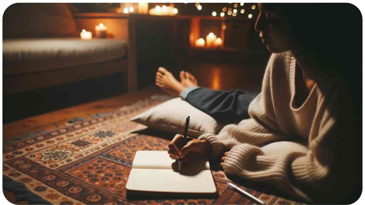 Photo of a cozy indoor setting with dimmed lights. A person of South Asian descent is lying on a comfortable rug, with a journal and pen beside them. They are practicing mindful reflection, capturing their thoughts and feelings in the present moment.