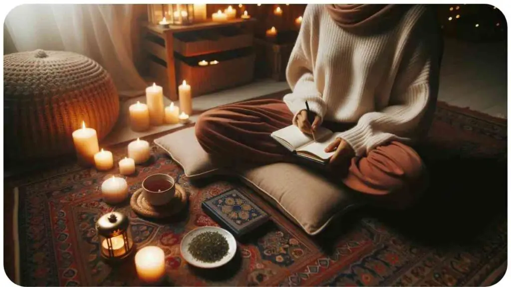 Photo of a cozy indoor setting with soft lighting. A person of Middle Eastern descent sits on a cushioned floor surrounded by lit candles holding a mindfulness journal. A cup of herbal tea rests