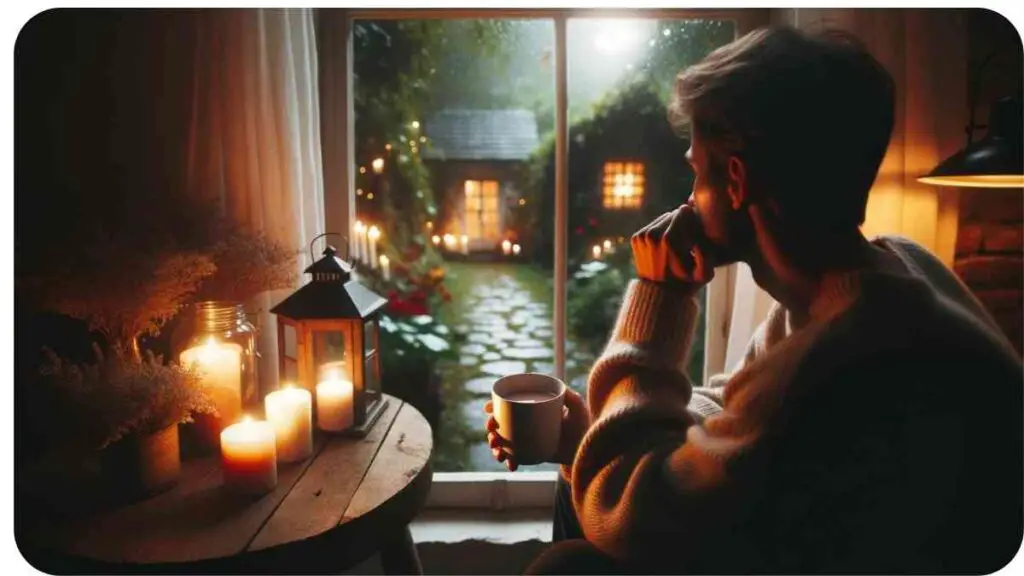 Photo of a cozy indoor space illuminated by soft candlelight. A person of European descent holds a cup of tea lost in thought gazing out a window to a peaceful garden. The scene portrays the con