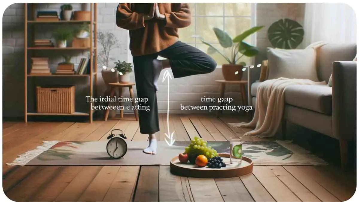 Photo of a cozy indoor space with wooden flooring. A person of European descent is holding a tree pose, with a glass of water and a small plate of fruits nearby. An overlay provides tips on the ideal time gap between eating and practicing yoga, emphasizing the balance between nourishment and comfort.