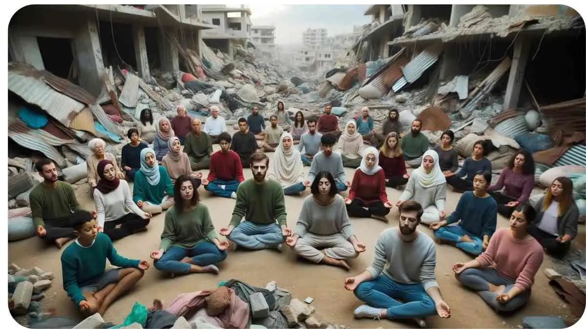 Photo of a diverse group of individuals, including men, women, and children of various descents, sitting in a circle within a war-affected area. They are practicing deep breathing and meditation, with closed eyes and calm expressions, finding peace amid the chaos.