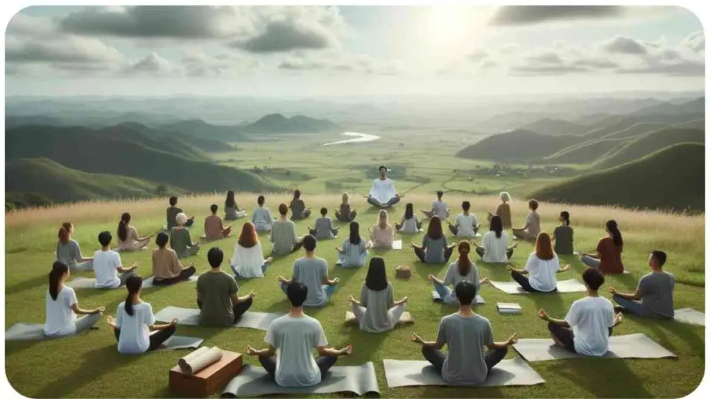 Photo of a diverse group of individuals participating in an outdoor yoga session on a grassy hill, with a vast horizon in the background. Their calm postures and serene surroundings represent the therapeutic benefits of mindfulness for anxiety.