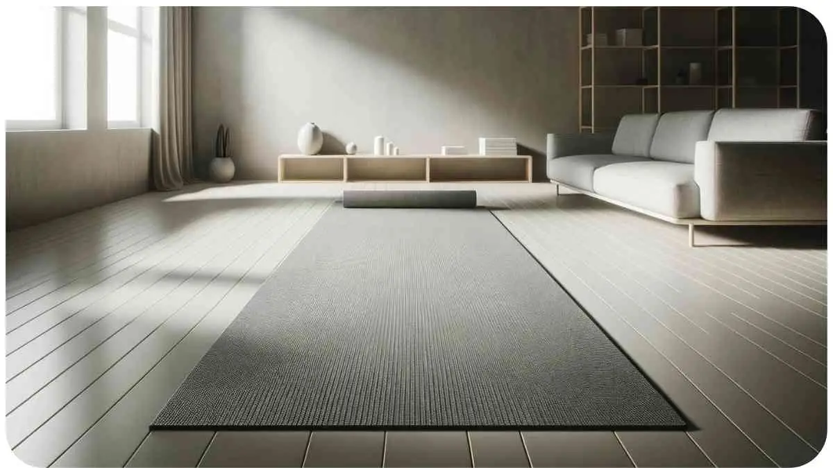 Photo of a high-quality yoga mat spread out in a minimalist room. The mat has a textured surface for grip, is thick for comfort, and features alignment lines to assist in perfecting poses. A calm ambiance fills the room, emphasizing the importance of a good mat for effective practice.