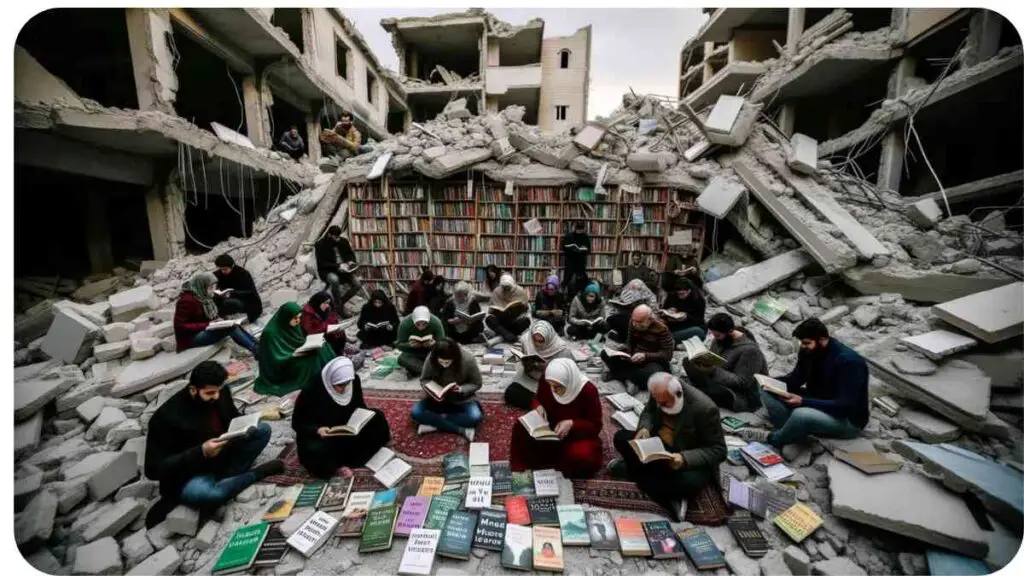 Photo of a quiet rooftop in a war-affected area. Amidst the sounds of distant explosions, there's a small sanctuary on the rooftop with soft blankets, tea cups, and books about mental wellness. A diverse group, including a South Asian teenager, a Caucasian woman in her 30s, and an African elderly woman, are sitting together, discussing ways to find mental peace in these turbulent times.