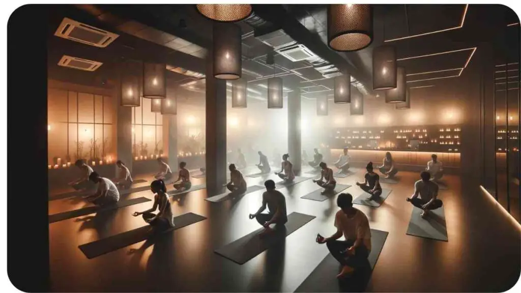 Photo of a modern hot yoga studio with dimmed lights and ambient atmosphere. A diverse group of individuals are immersed in their yoga poses and the room is filled with a light mist emphasizing