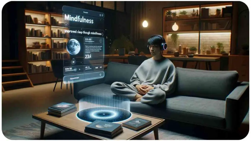 Photo of a modern living room with dim lighting. A person of East Asian descent is reclined on a couch, with headphones on, listening to a mindfulness guided session. On the coffee table, there are books about sleep and mindfulness, and a holographic display projecting tips for improved sleep through mindfulness.