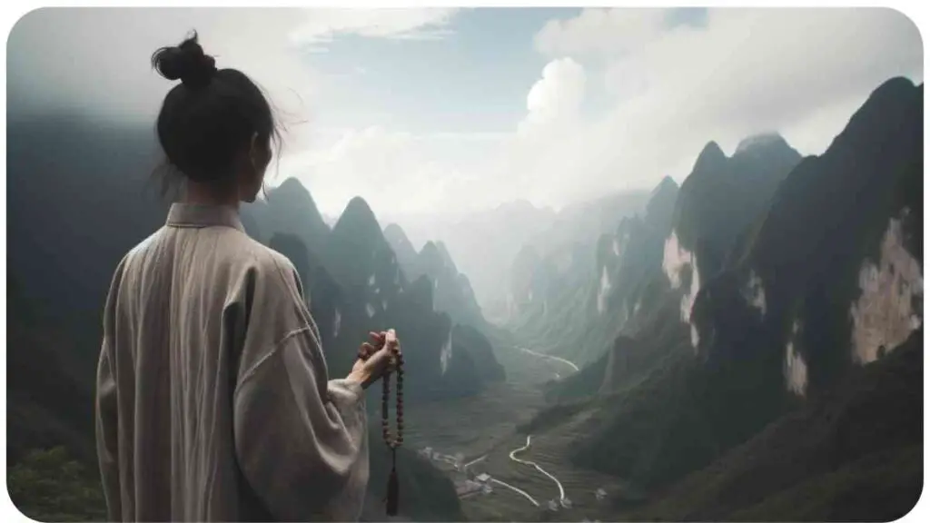 Photo of a mountainous backdrop where a person of East Asian descent stands taking a mindful moment to absorb the beauty. A gentle breeze ruffles their clothes and they hold a string of prayer b