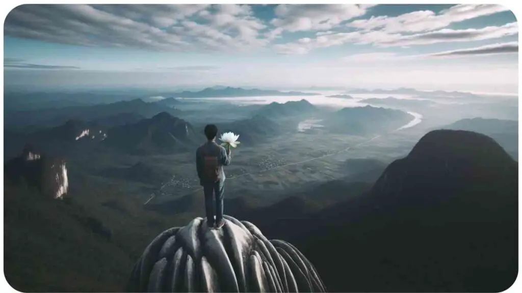 Photo of a mountaintop where a person of South Asian descent stands overlooking a vast landscape. They hold a lotus flower symbolizing purity and enlightenment. The vast horizon and open skies r