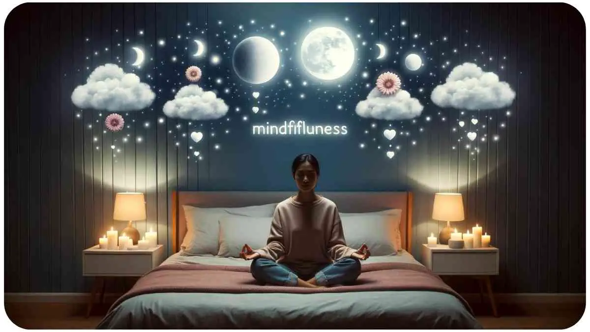 Photo of a peaceful bedroom setting at nighttime. A person of South Asian descent is practicing mindfulness meditation on the bed, surrounded by soft glowing candles. Above them, dreamy cloud illustrations show the phases of sleep and the word 'Mindfulness' connecting them.