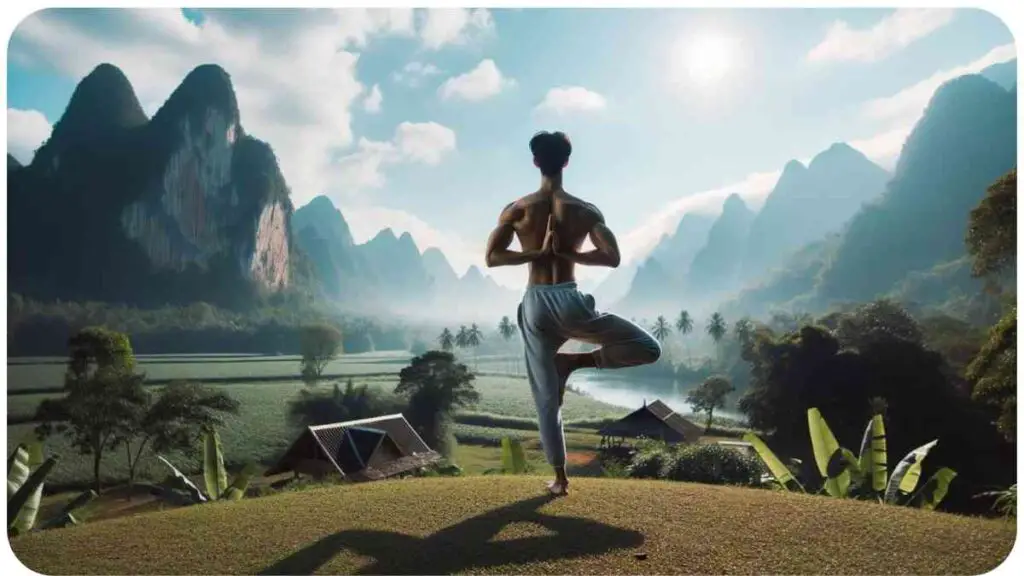 Photo of a peaceful outdoor setting with a backdrop of mountains and a clear blue sky. A person of East Asian descent is performing the Tree Pose Vrikshasana showcasing balance and stability on