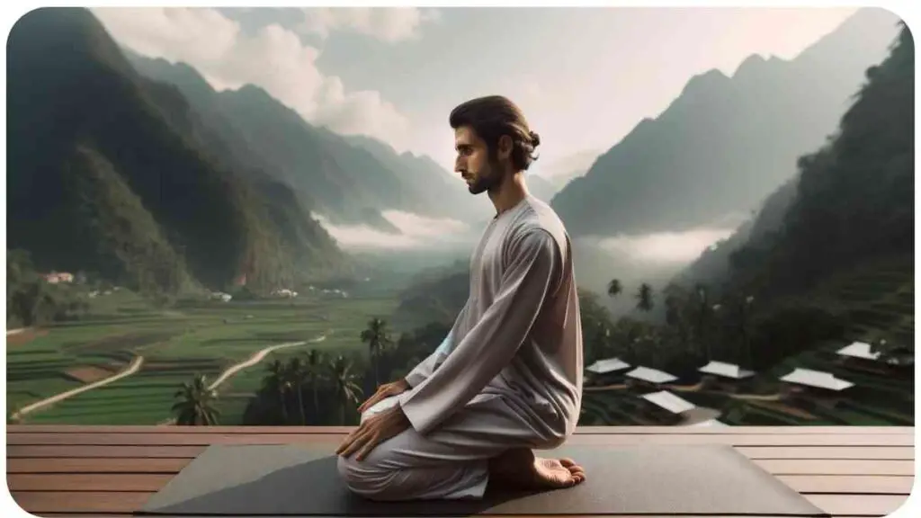 Photo of a peaceful outdoor setting with mountains in the backdrop. A person of Middle Eastern descent is practicing yoga on a platform overlooking a valley. Their focused expression and posture emphasize the heightened energy and focus directed towards their practice without the distraction of digestion.