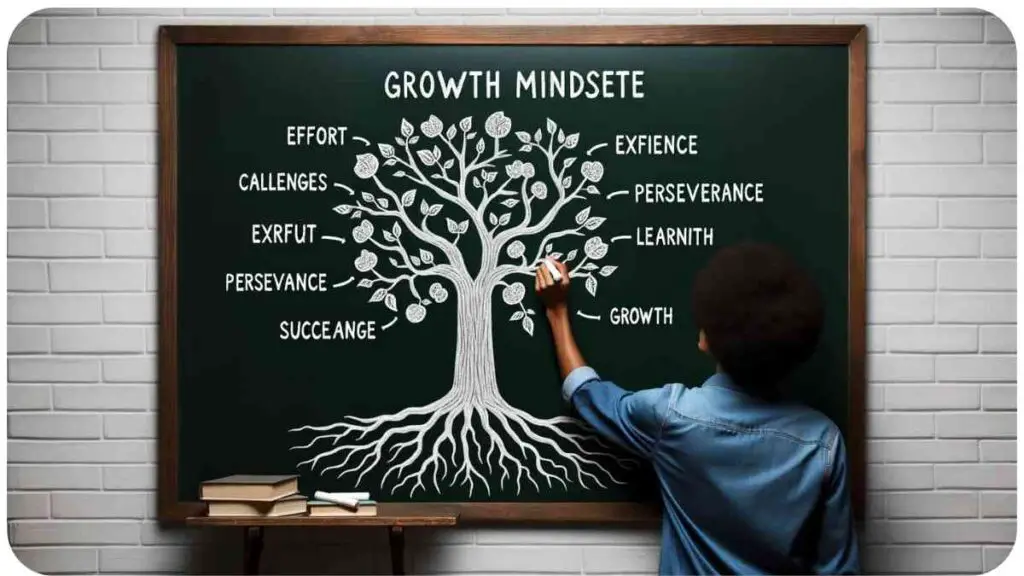 Photo of a person of African descent, standing in front of a chalkboard, drawing a tree with roots labeled 'Effort', 'Challenges', and 'Perseverance'. The branches represent 'Success', 'Learning', and 'Growth', symbolizing the elements of a growth mindset.