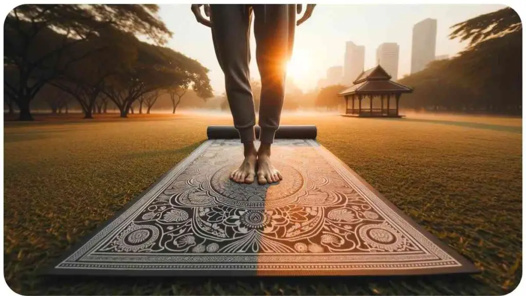 Photo of a person of Middle Eastern descent practicing yoga on a premium mat in a park during sunrise. The mat has an intricate design and is visibly thick, indicating its durability and comfort for various yoga postures.