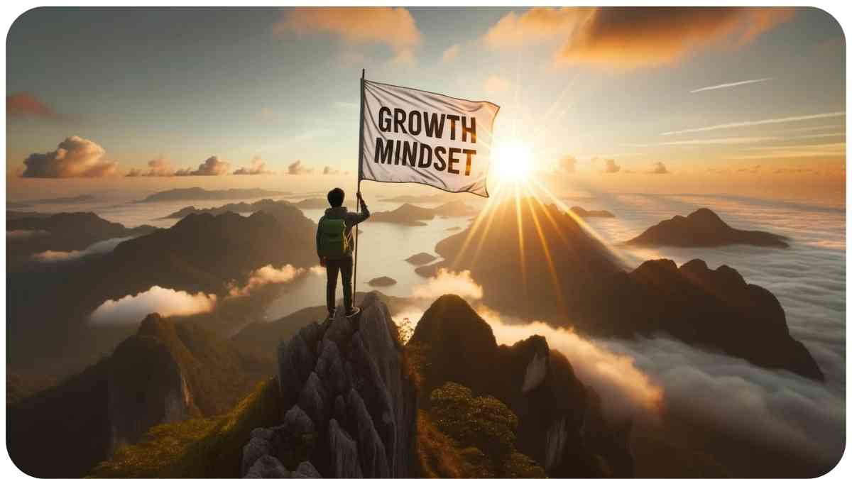 Photo of a person of Southeast Asian descent, standing on a mountain peak, holding a flag with the words 'Growth Mindset'. The rising sun in the background illuminates their path, symbolizing the enlightenment and potential unlocked by adopting a growth mindset.