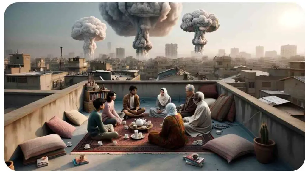 Photo of a quiet rooftop in a war-affected area. Amidst the sounds of distant explosions, there's a small sanctuary on the rooftop with soft blankets, tea cups, and books about mental wellness. A diverse group, including a South Asian teenager, a Caucasian woman in her 30s, and an African elderly woman, are sitting together, discussing ways to find mental peace in these turbulent times.