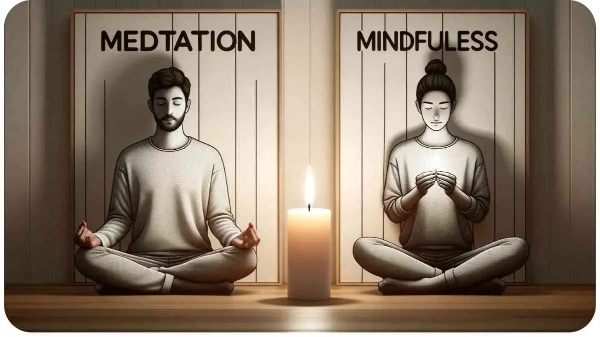 Photo of a quiet room with two individuals. On the left, a person sits cross-legged, eyes closed, deeply meditating. On the right, another individual is engaging in a mindfulness exercise, focusing on a candle flame. The words 'Meditation' and 'Mindfulness' are prominently displayed above each respective person.