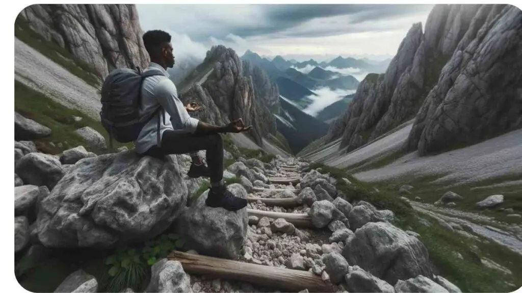 Photo of a rocky mountain path with difficult terrains and obstacles. A person of African descent is seen calmly navigating the path, focusing on their breath and steps, representing the challenges faced and overcome in practicing mindfulness.