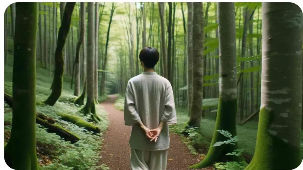 Photo of a serene forest trail where a person of East Asian descent is mindfully walking, taking slow, deliberate steps. They pause occasionally to feel the texture of leaves and listen to the sounds of nature, fully immersed in the present moment.