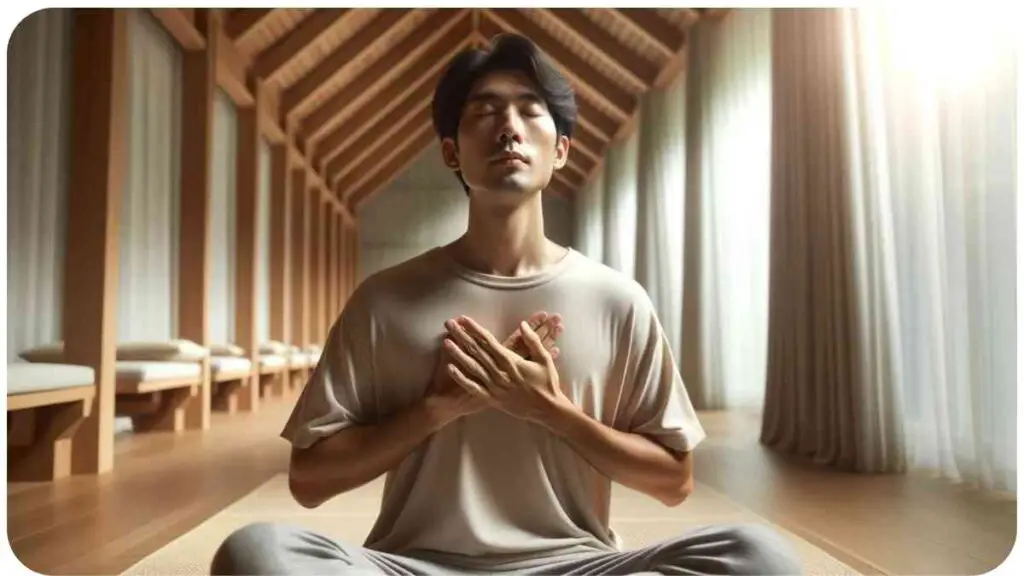 Photo of a serene indoor space with soft lighting. A person of East Asian descent is practicing deep breathing with eyes closed. Their hands rest on their knees in the Gyan Mudra emphasizing the