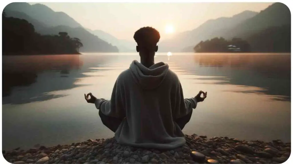 Photo of a serene lakeside setting during sunrise. A person of African descent sits on the shore legs crossed eyes closed deeply engrossed in meditation. The calm waters and the soft hues of th