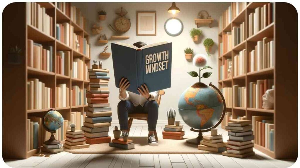 Photo of a serene library setting where a person of Hispanic descent is reading a book titled Growth Mindset. Surrounding them are stacks of books a globe and a plant slowly sprouting represe