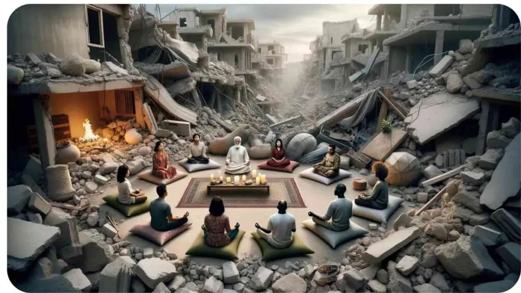 Photo of a serene meditation space amidst a war-torn environment. Rubble surrounds the area, but in the center is a calm oasis with a candle, a cushion for meditation, and a small peaceful plant. A diverse group of people, including a middle-aged Asian woman, a young African man, and an elderly Caucasian man, sit in meditation, finding peace amidst the chaos.