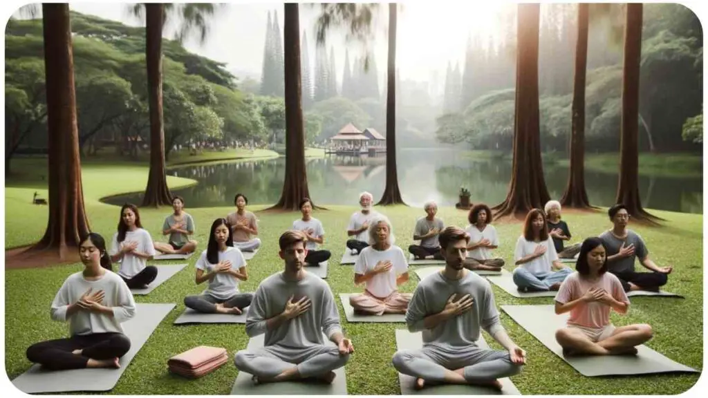 Photo of a serene outdoor setting with a diverse group of people practicing mindfulness meditation. Their posture is relaxed and they are sitting on yoga mats, with tall trees and a peaceful lake in the background. A few people have their hands on their hearts, emphasizing the emotional benefits of the practice.