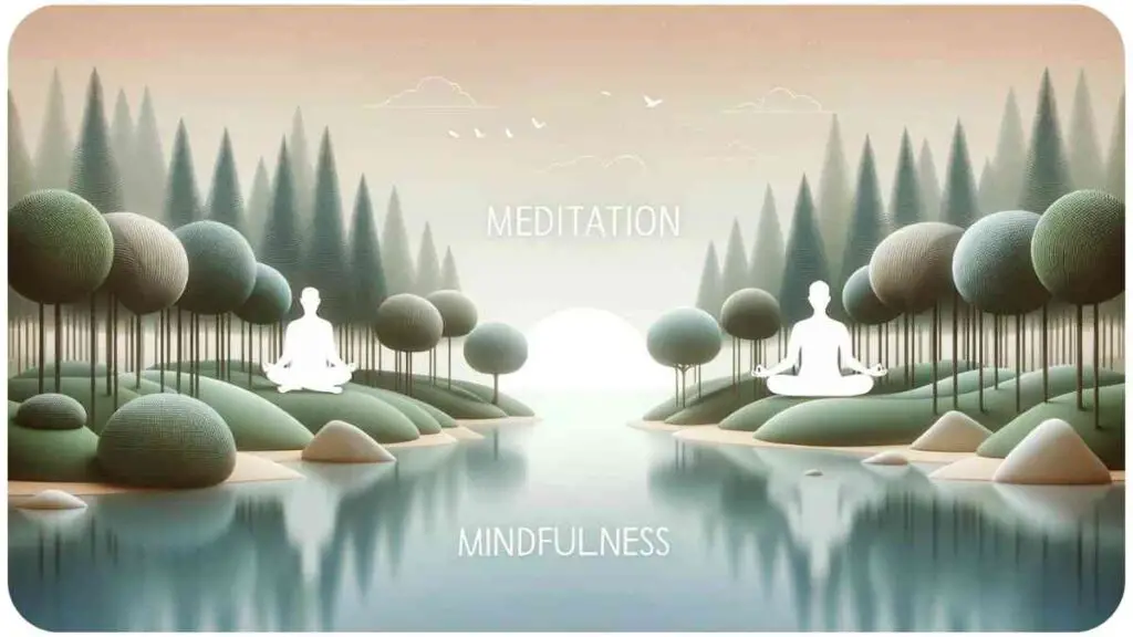 Photo of a serene outdoor setting with a person practicing meditation on one side and another person practicing mindfulness on the other. The background features a calm lake surrounded by tall trees. A soft gradient divides the two practices, with the words 'Meditation' above the meditating person and 'Mindfulness' above the person practicing mindfulness.