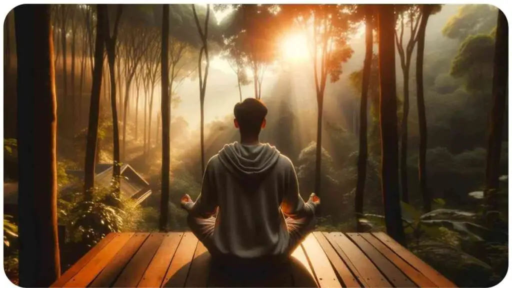 Photo of a tranquil forest setting during sunrise. A person of Hispanic descent is sitting cross-legged on a wooden platform, deeply engrossed in meditation. The sun's rays filter through the trees, casting a warm glow on the surroundings, embodying the essence of mindfulness.