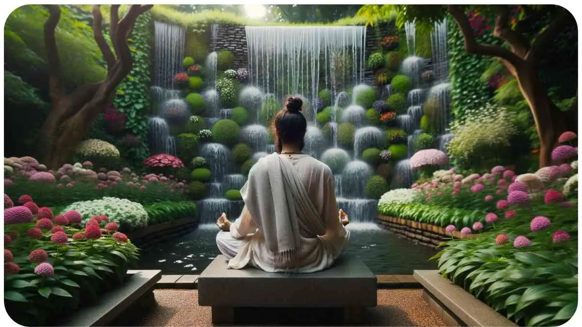 Photo of a tranquil garden setting where a person of Indian descent sits on a stone bench, eyes closed, deeply engrossed in meditation. Surrounding them are blooming flowers and the gentle sound of a trickling water fountain, emphasizing a sense of peace.