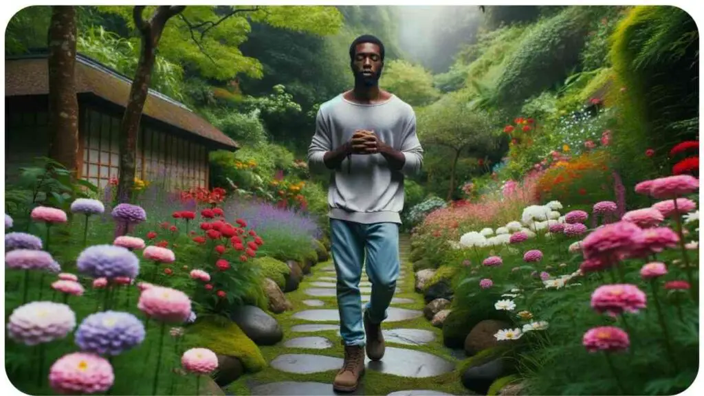 Photo of a tranquil garden with a stone pathway surrounded by colorful flowers. A person of African descent is walking with eyes half-closed, deeply inhaling the fragrances and focusing on each step, showcasing the practice of mindful walking amidst nature's beauty.