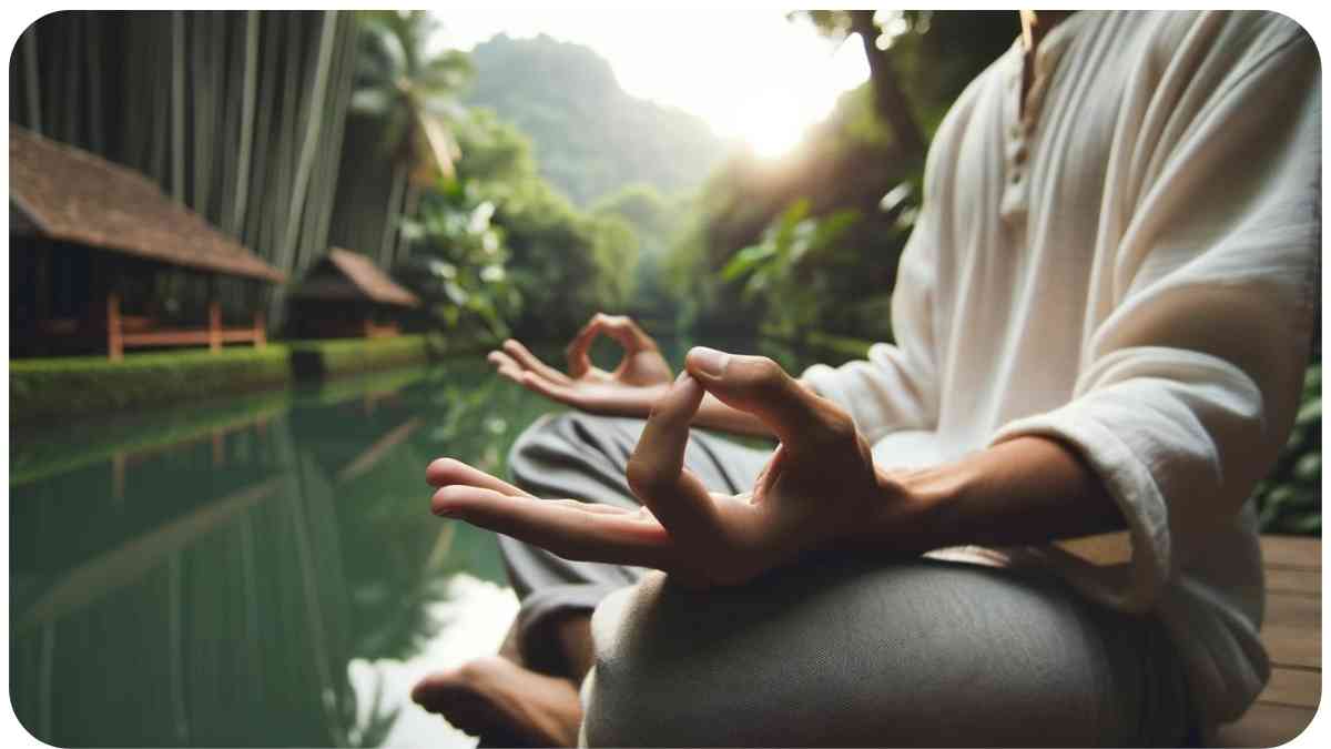 Photo of a tranquil outdoor setting with a person of South Asian descent seated in a meditative pose. Their hands are positioned in the Gyan Mudra, where the tip of the index finger touches the tip of the thumb, symbolizing the unity of universal and individual consciousness.