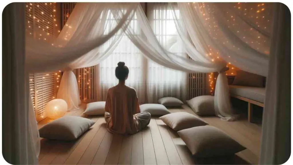 Photo of a tranquil room with sheer curtains swaying gently. A person of Southeast Asian descent is seated on the floor surrounded by soft cushions practicing a mindful body scan technique. The