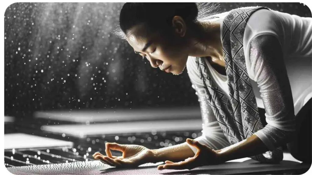 Photo of a yoga instructor of Southeast Asian descent leading a hot yoga session. She is demonstrating a challenging pose and droplets of sweat are visible on her skin showcasing the intensity a