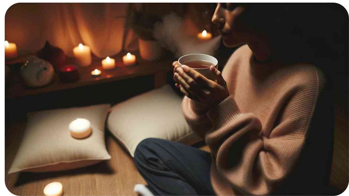 Photo of an indoor setting with dim lighting. A person of Hispanic descent holds a cup of tea, taking a mindful sip, savoring its aroma and flavor. Surrounding them are soft cushions and lit candles, emphasizing a moment of relaxation and awareness.