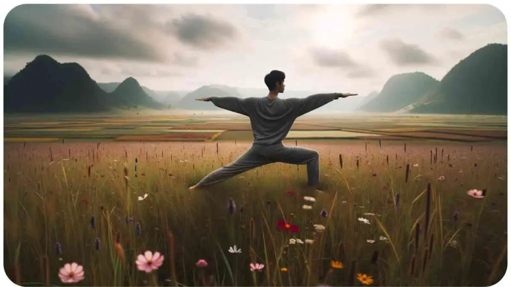 Photo of an open grassy field with wildflowers. A person of South Asian descent is in the Warrior II Pose (Virabhadrasana II), with one leg bent at a right angle and arms extended in opposite directions, exuding strength and focus.