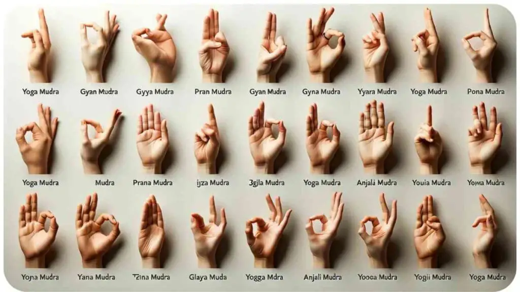 Photo with a peaceful backdrop. Multiple hands of diverse individuals are positioned to demonstrate various yoga mudras. Each hand gesture symbolizes a specific mudra and the image serves as a co