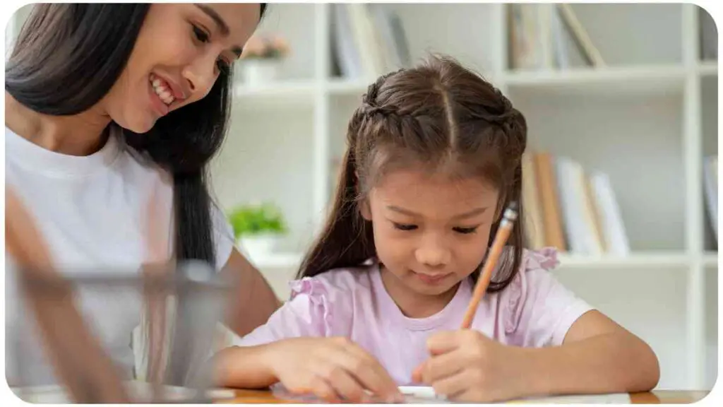 mother and daughter doing homework together at home